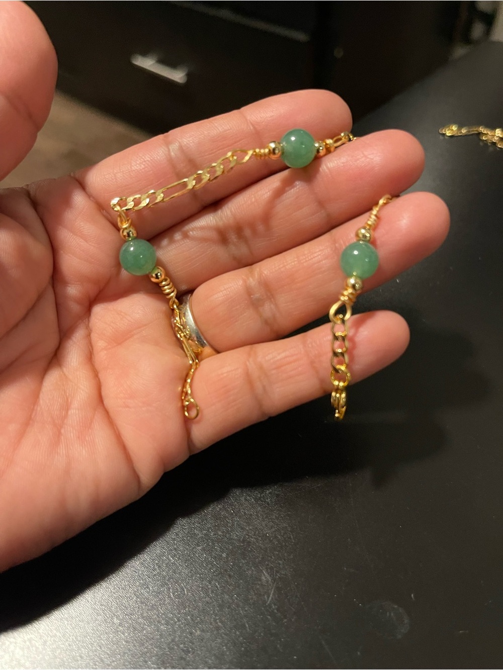 Gold Plated Bracelet with Green Jade Beads - Women Jewelry